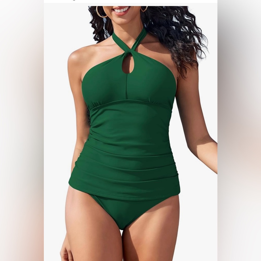 Green halter tankini top w high waist bottoms, large, super flattering Zaful